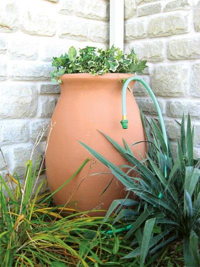 Algreen Agua Decorative Rain Barrel with Spout, Hose and Decorative Planter on Top